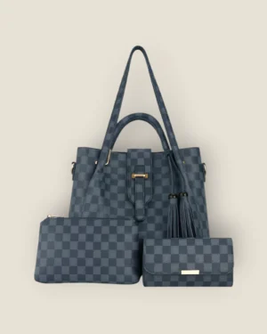 Chic Checkered 3-Piece Tote, Wallet & Pouch Set - Navy/Black